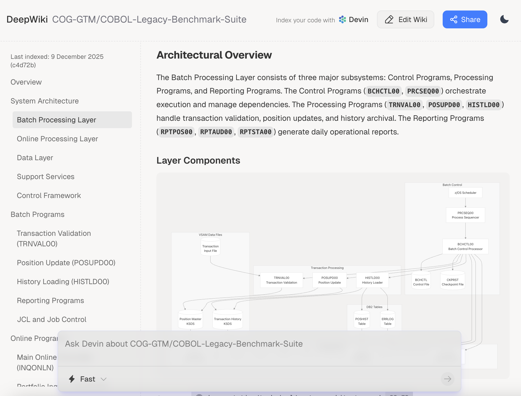 DeepWiki generating documentation for a legacy codebase